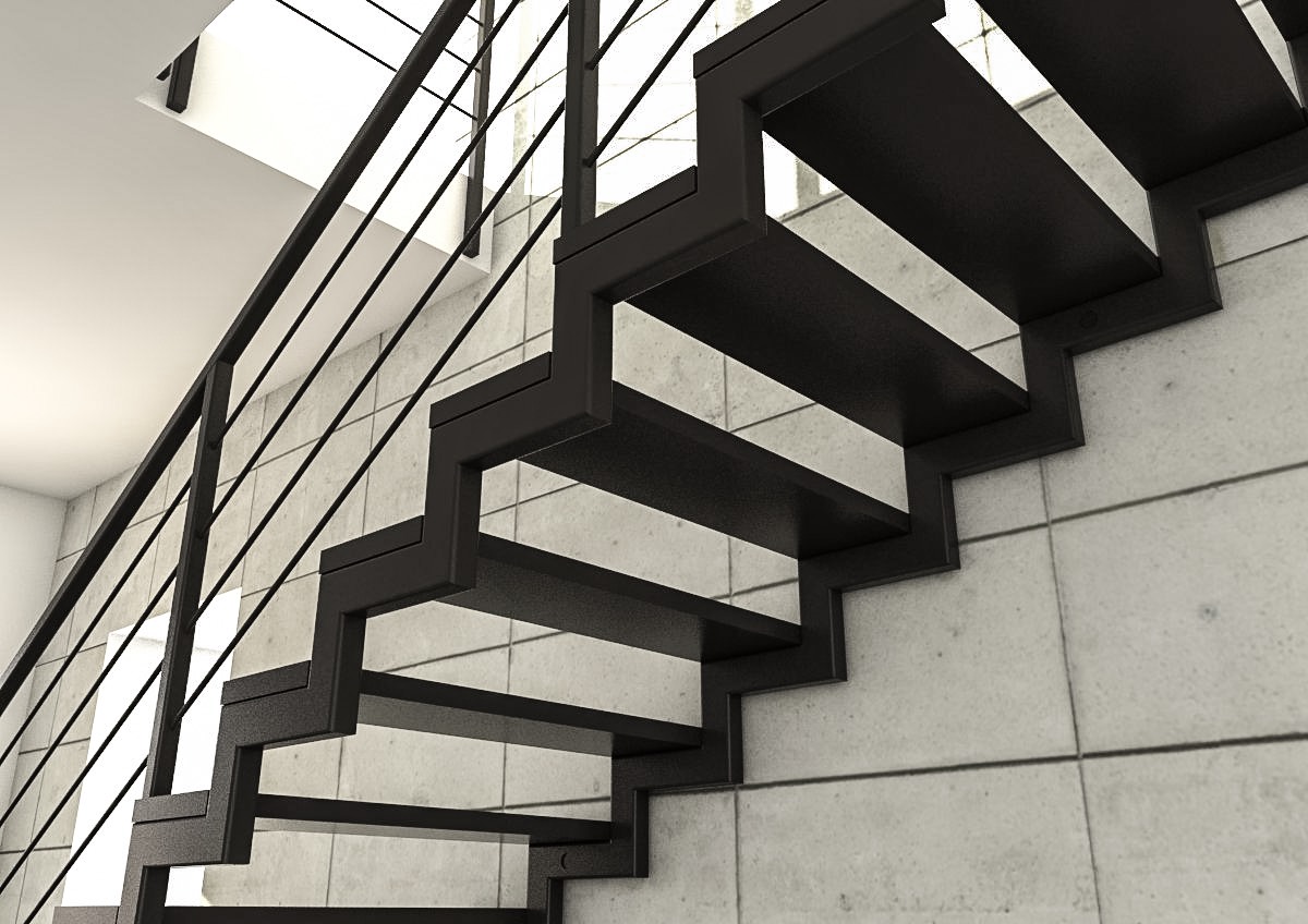 Czarne stalowe schody, stopnie czarne, balustrada z prętów 12mm.